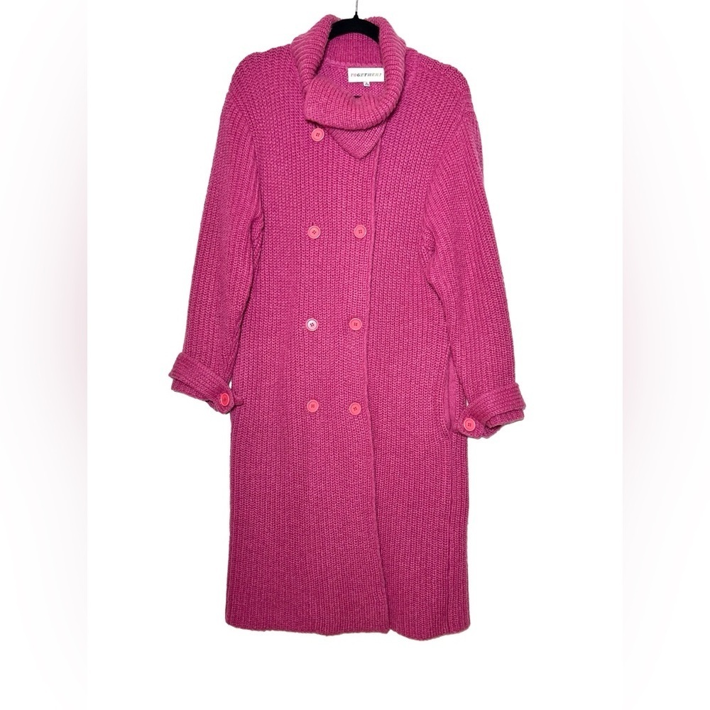 Together Hot Pink Chunky Knit Double-Breasted Long Cardigan with Wool, Small